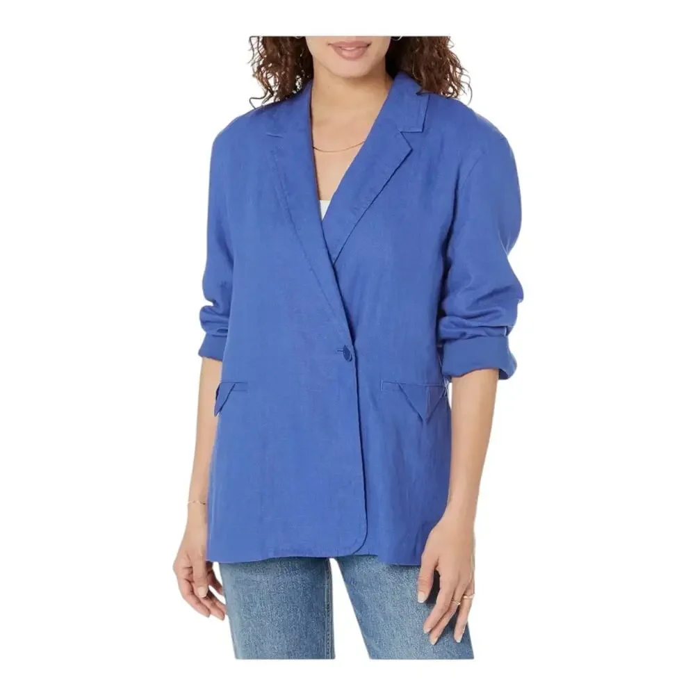 Madewell Double-Breasted Crossover Blazer in 100% Linen blue X-Large XL - Picture 1 of 7